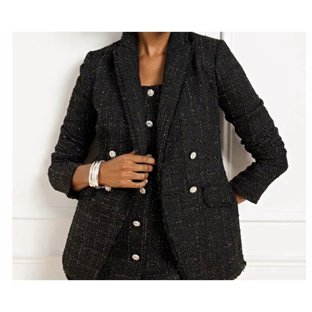 Talbots Women Double Breasted tweed Blazer Jacket Black Lined Fringe Buttons 12
